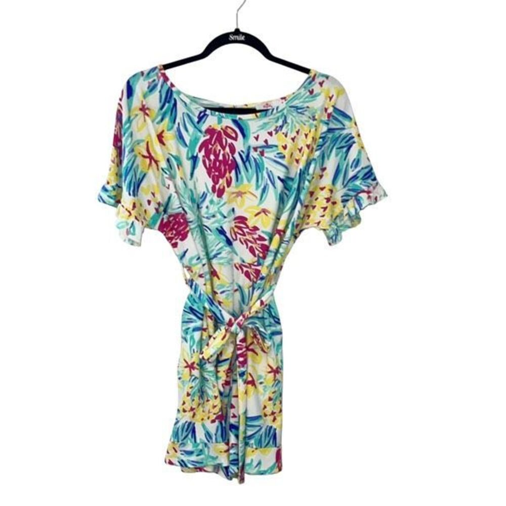 Aryeh Womens Tropical Ruffle Trim Tie Belt Stretch Romper Multicolor‎ Medium
